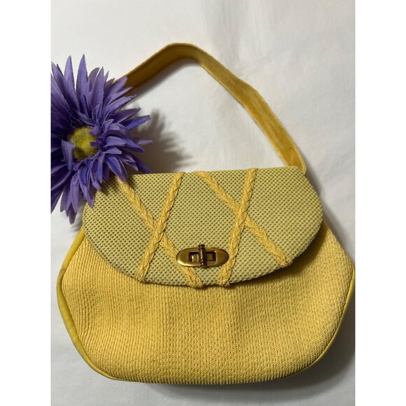 Vintage 1960s Yellow Suede & Fabric Handbag With Gold Clasp - Picture 16 of 16